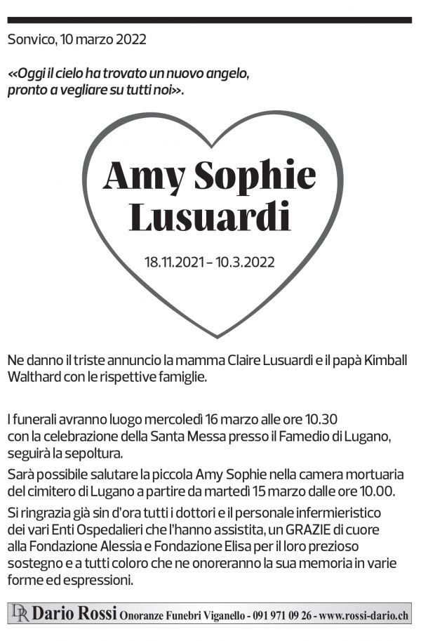 Annuncio funebre Amy Sophie Lusuardi