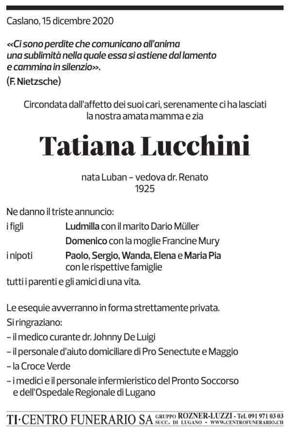 Annuncio funebre Tatiana Lucchini