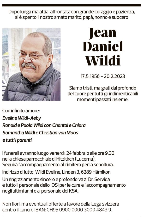 Annuncio funebre Jean Daniel Wildi