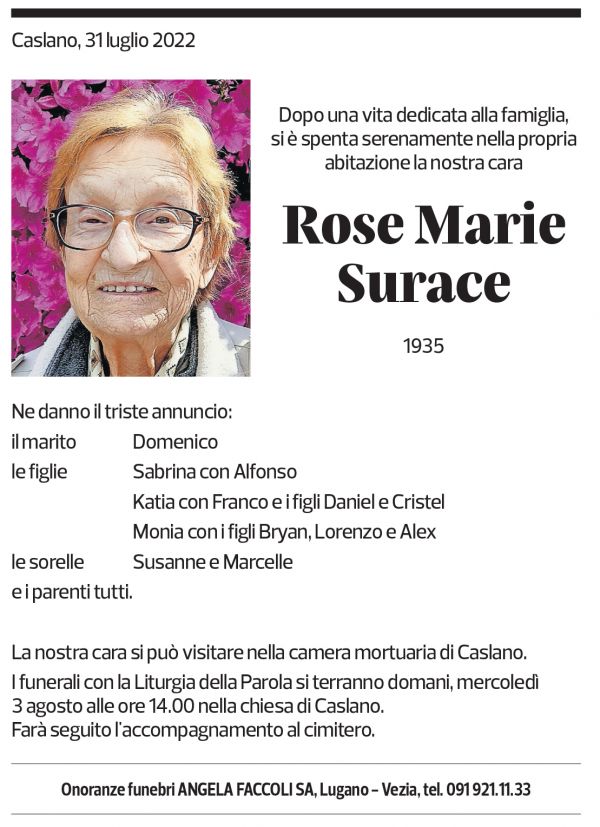 Annuncio funebre Rose Marie Surace