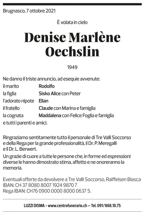 Annuncio funebre Denise Marlène Oechslin