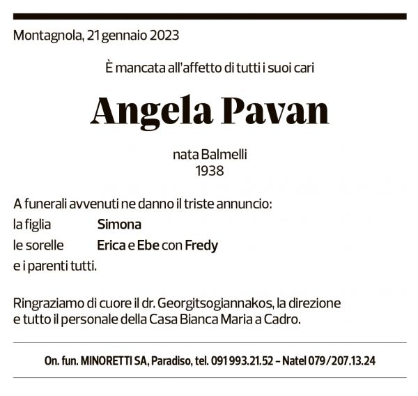 Annuncio funebre Angela Pavan