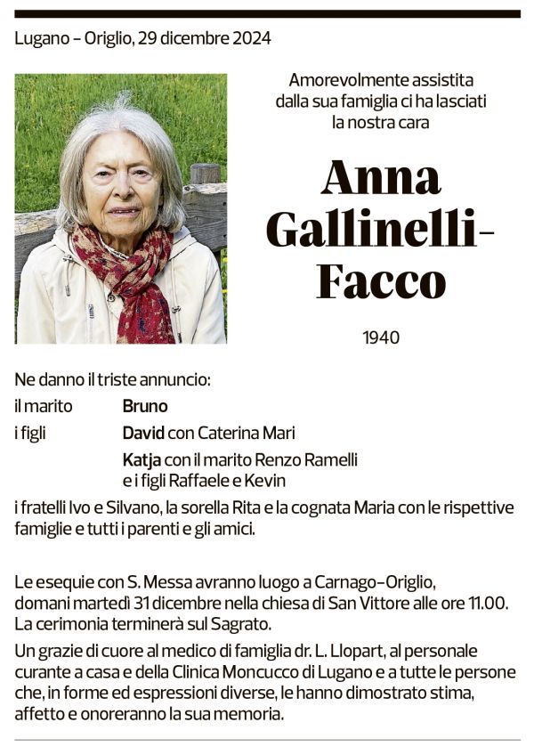 Annuncio funebre Anna Gallinelli-facco