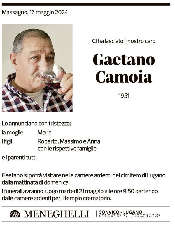 Annuncio funebre Gaetano Camoia