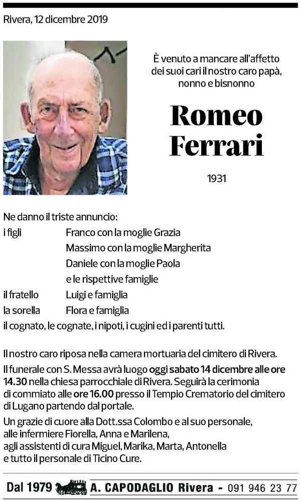 Annuncio funebre Romeo Ferrari