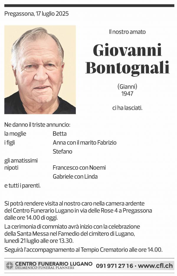 Annuncio funebre Giovanni Bontognali