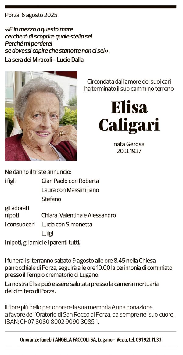 Annuncio funebre Elisa Caligari