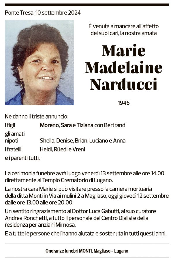 Annuncio funebre Marie Madelaine Narducci