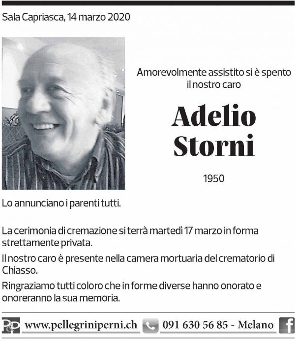 Annuncio funebre Adelio Storni
