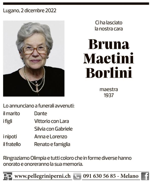 Annuncio funebre Bruna Maetini Borlini