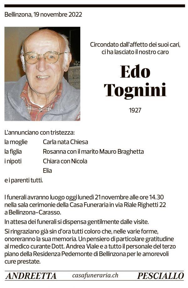 Annuncio funebre Edo Tognini