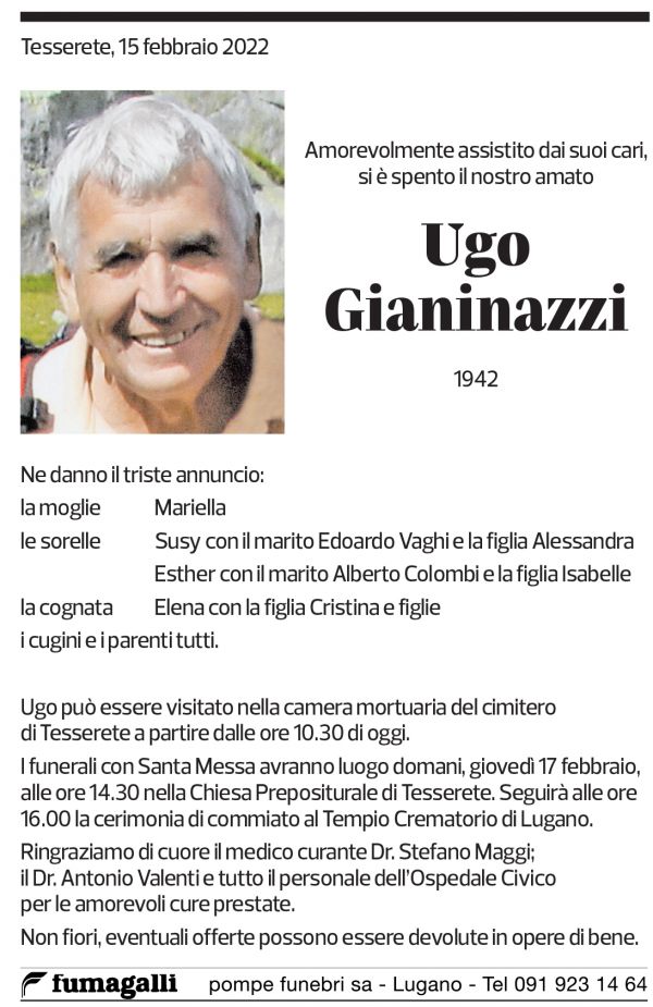 Annuncio funebre Ugo Gianinazzi