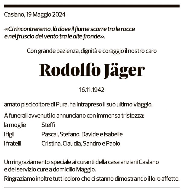 Annuncio funebre Rodolfo Jäger