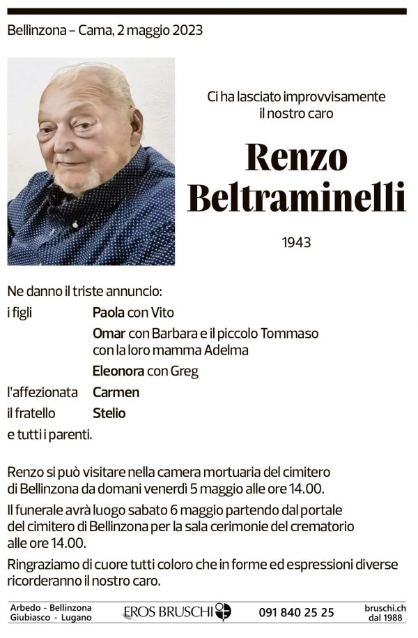 Annuncio funebre Renzo Beltraminelli