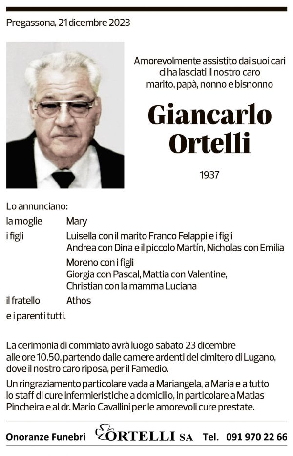 Annuncio funebre Giancarlo Ortelli
