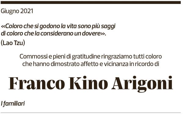 Annuncio funebre Franco Kino Arigoni