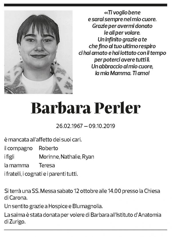 Annuncio funebre Barbara Perler