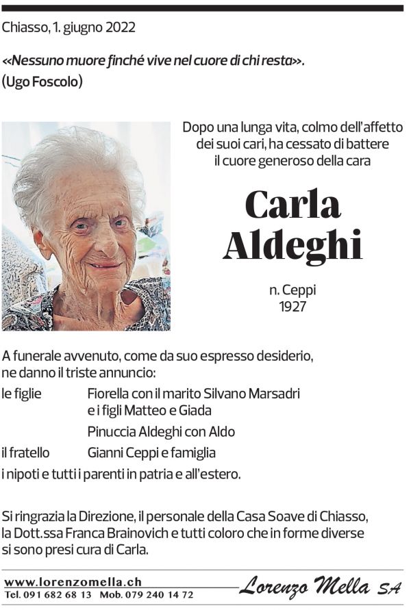 Annuncio funebre Carla Aldeghi