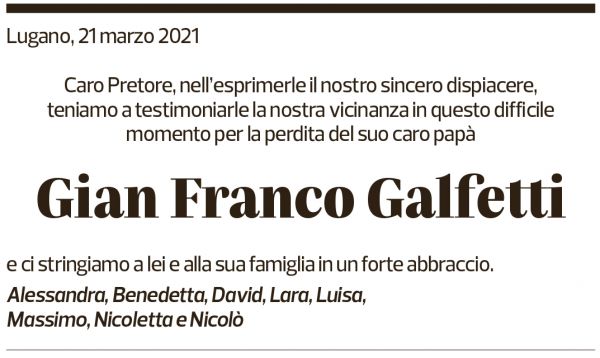 Annuncio funebre Gian Franco Galfetti