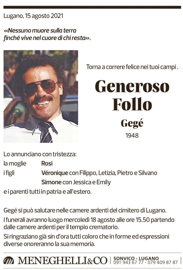 Annuncio funebre Generoso Follo