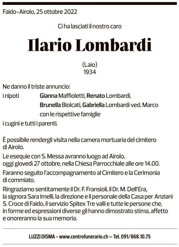 Annuncio funebre Ilario Lombardi