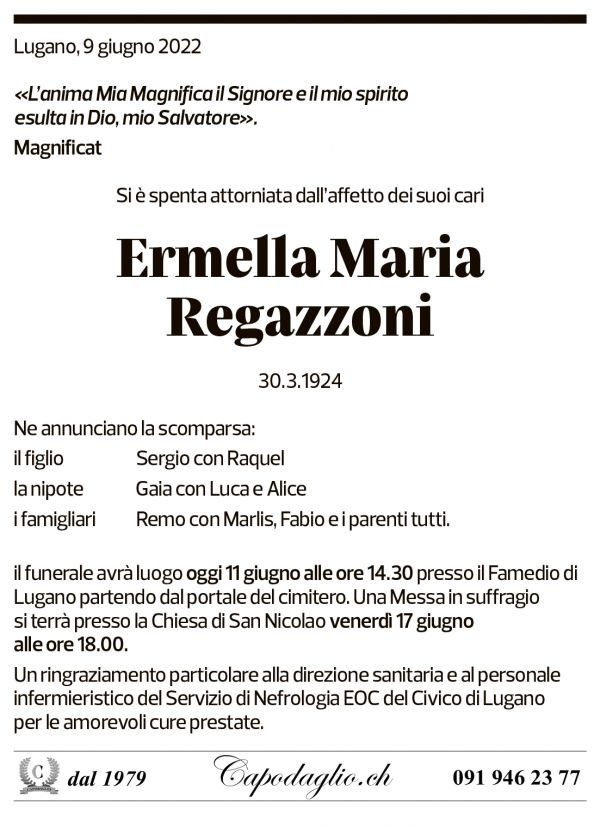 Annuncio funebre Ermella Maria Regazzoni