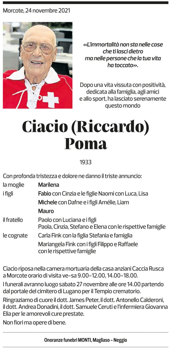 Annuncio funebre Riccardo Poma