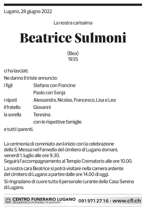 Annuncio funebre Beatrice Sulmoni