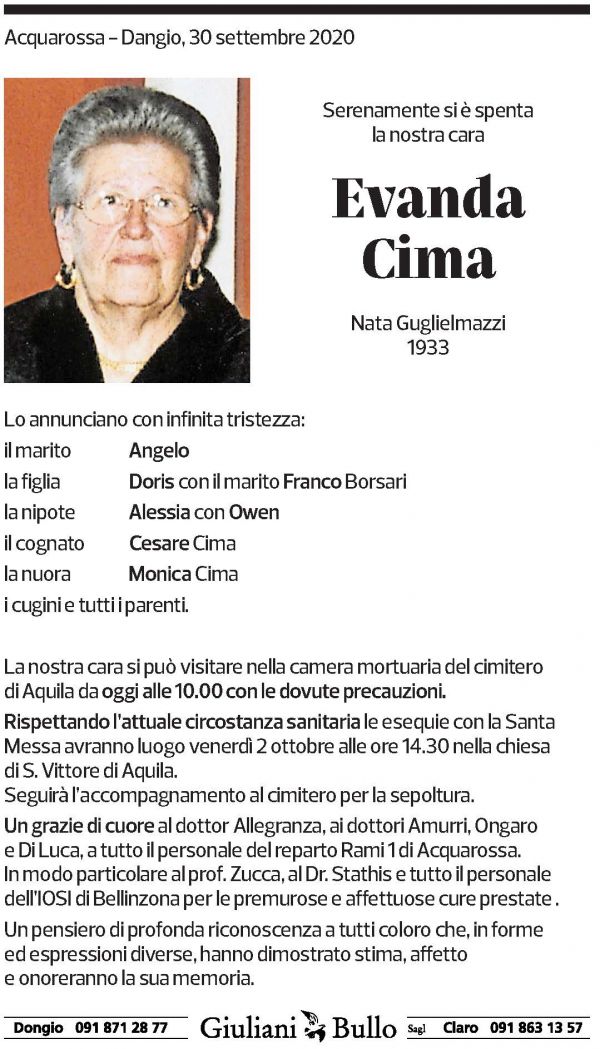 Annuncio funebre Evanda Cima