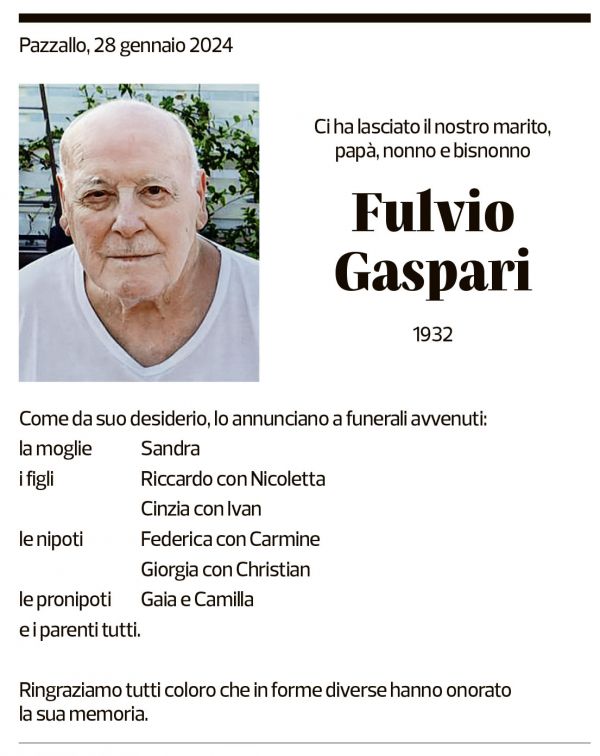 Annuncio funebre Fulvio Gaspari