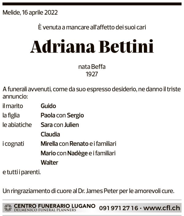 Annuncio funebre Adriana Bettini