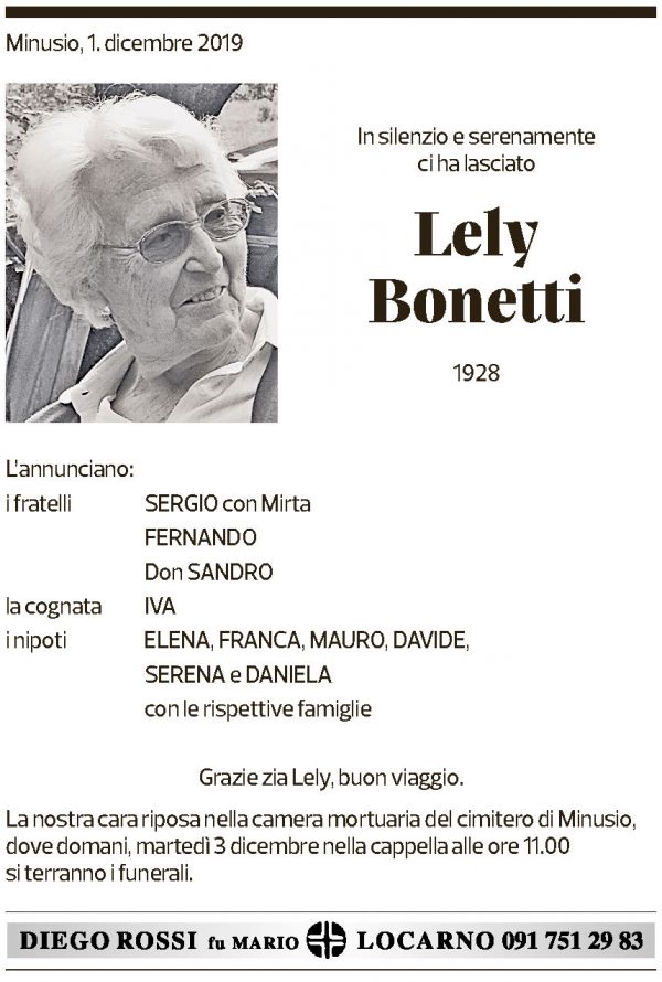Annuncio funebre Lely Bonetti