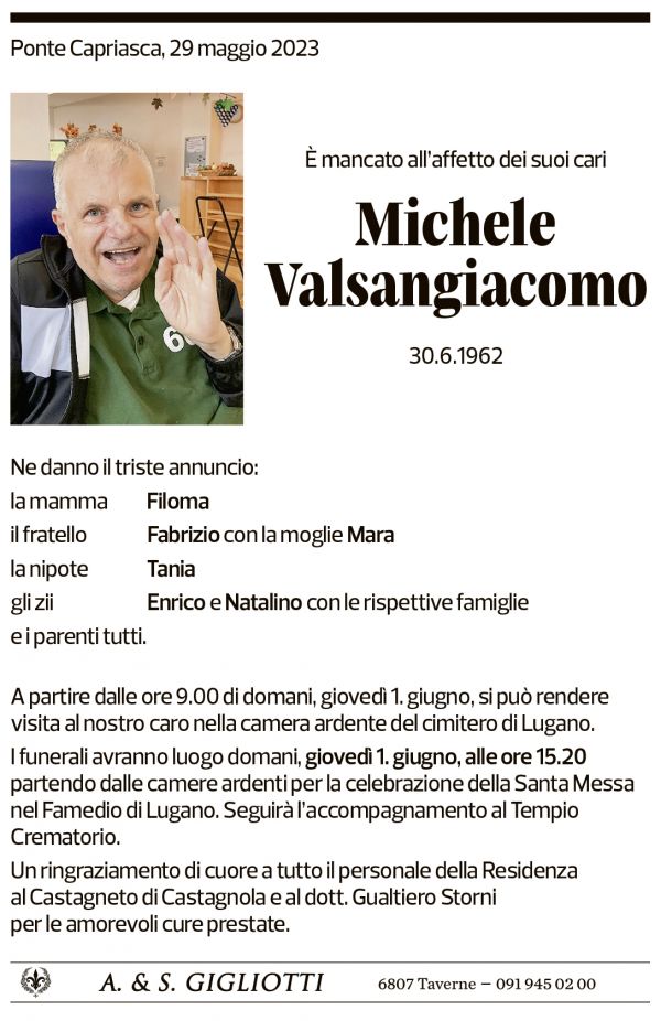 Annuncio funebre Michele Valsangiacomo