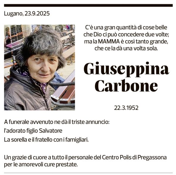 Annuncio funebre Giuseppina Carbone