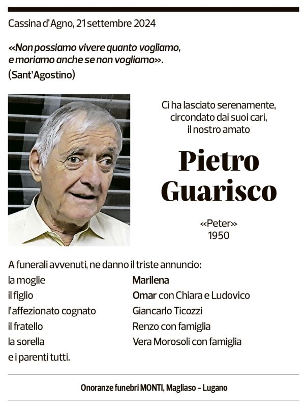 Annuncio funebre Pietro Guarisco