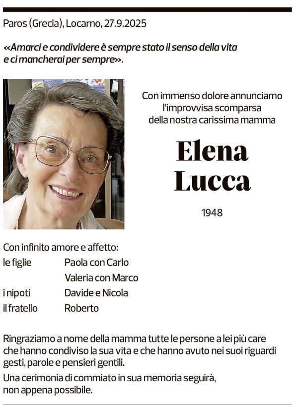 Annuncio funebre Elena Lucca