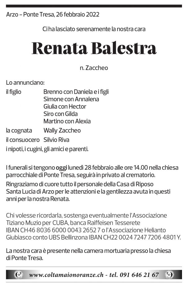 Annuncio funebre Renata Balestra