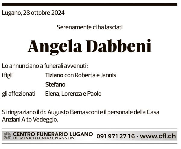 Annuncio funebre Angela Dabbeni