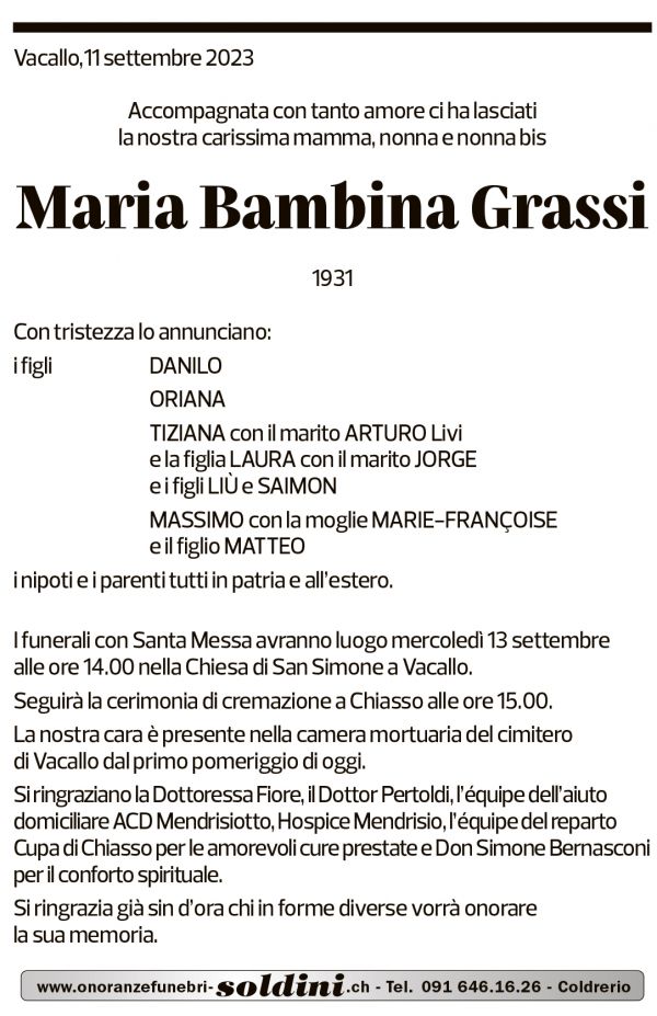 Annuncio funebre Maria Bambina Grassi