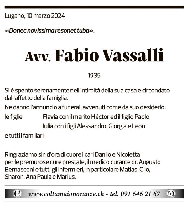 Annuncio funebre Fabio Vassalli