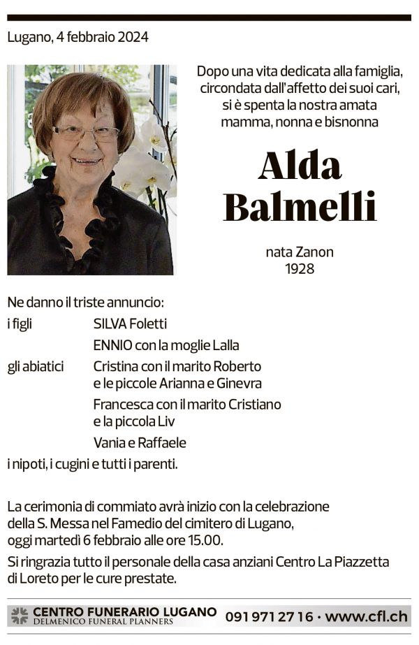 Annuncio funebre Alda Balmelli