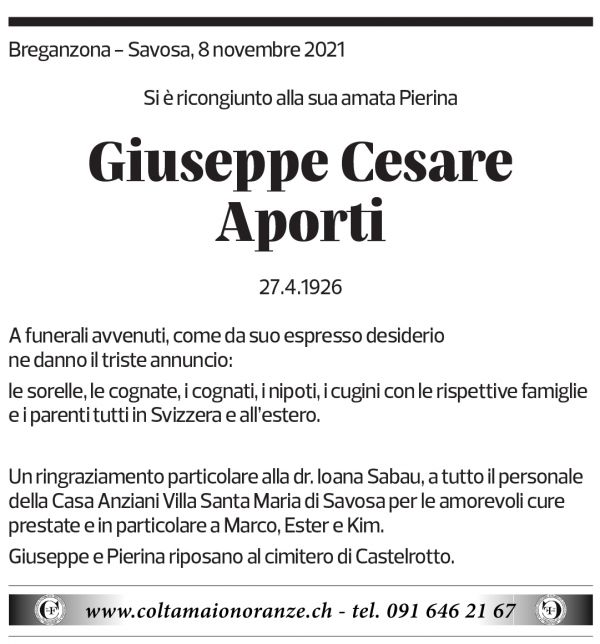 Annuncio funebre Giuseppe Cesare Aporti