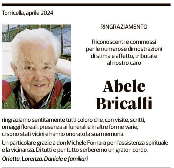 Annuncio funebre Abele Bricalli