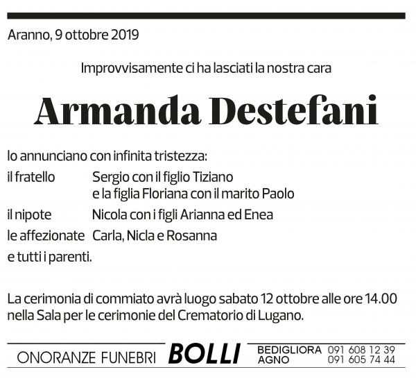 Annuncio funebre Armanda Destefani