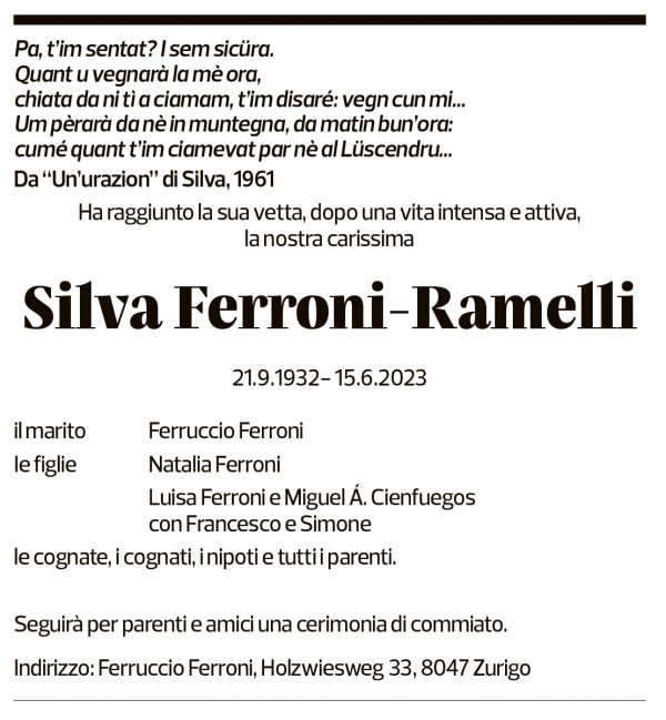 Annuncio funebre Silva Ferroni-ramelli