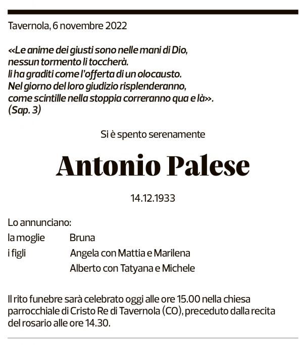 Annuncio funebre Antonio Palese