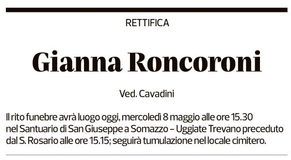 Annuncio funebre Gianna Roncoroni