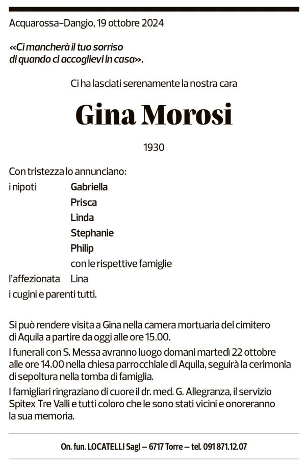 Annuncio funebre Gina Morosi