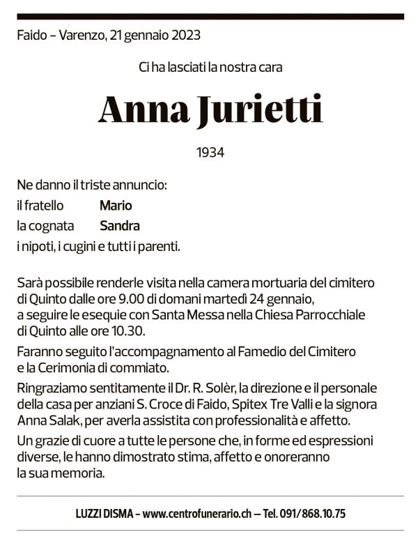 Annuncio funebre Anna Jurietti