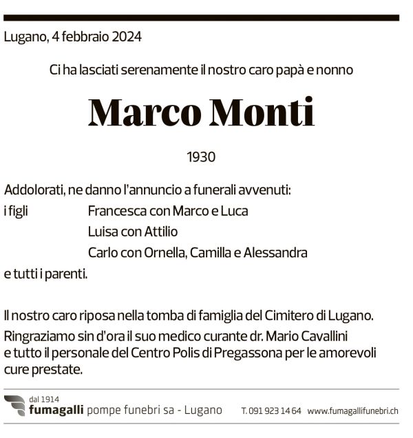 Annuncio funebre Marco Monti